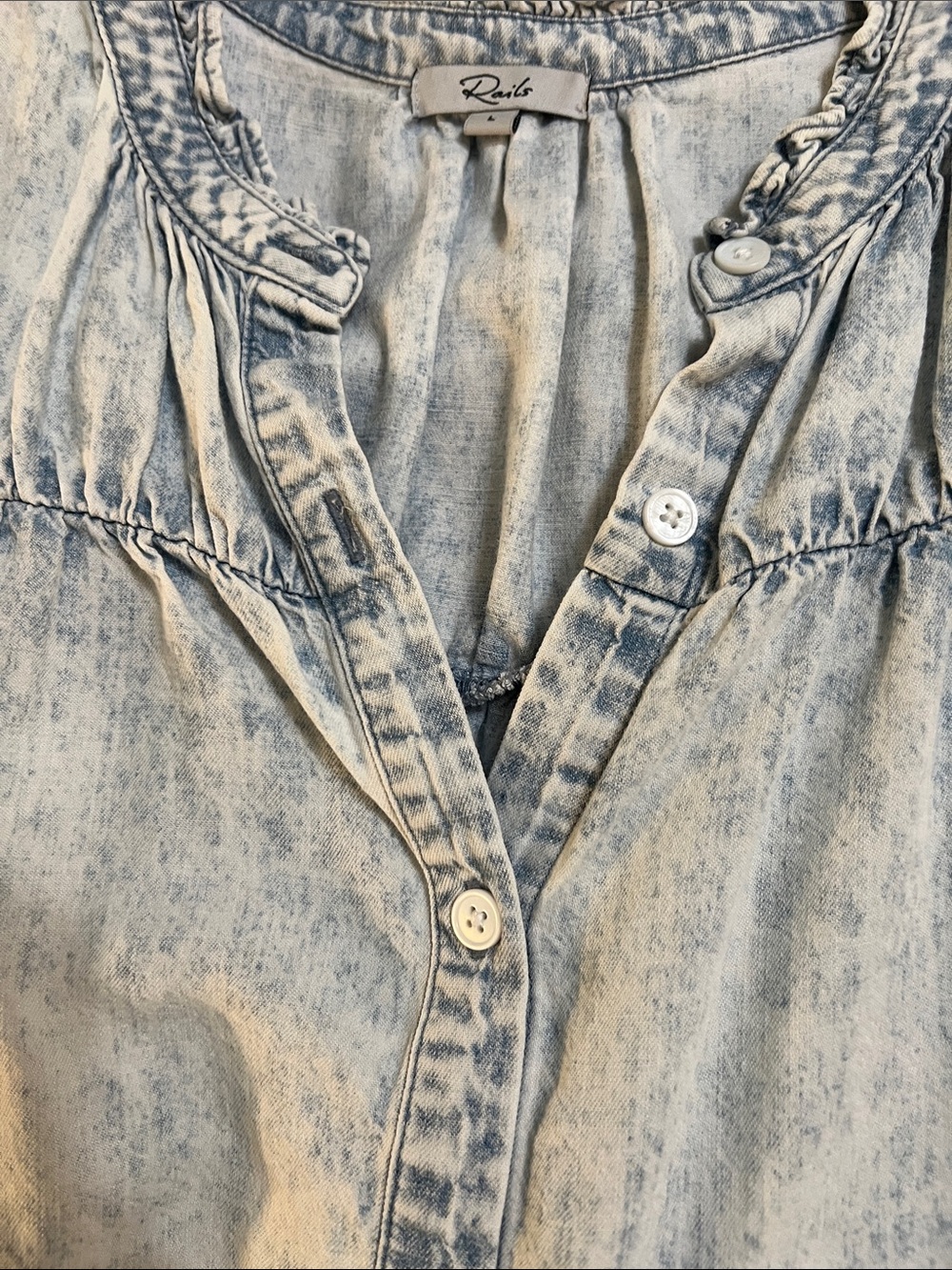 Rails Light Blue Washed Button-Front Ruffle Neck Top - Picture 5 of 5